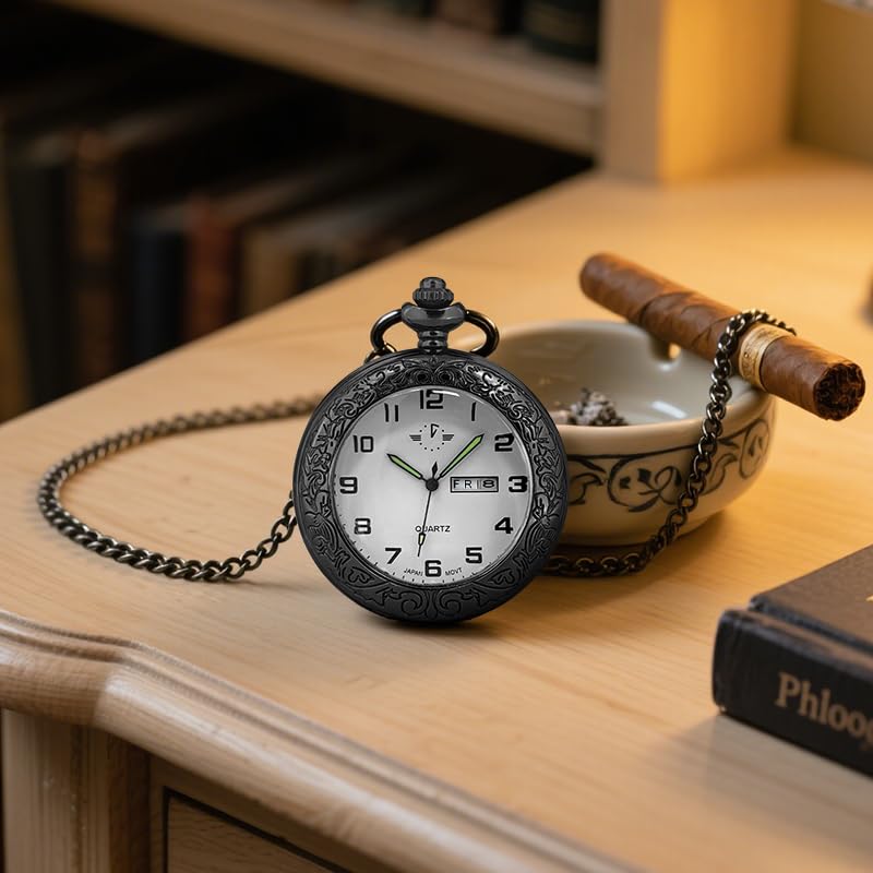 Image of BOSHIYA Smooth Quartz Pocket Watches for Men Classic Arabic Digital Luminous Dial & Day Date Pocket Watch with Chain Christmas Graduation Birthday Gifts