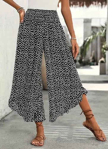 Women's Polka Dot Flowy Wide Leg Pants 2025 Summer Elastic Waist Cropped Trouser Pants Lounge Business Beach Outfits2