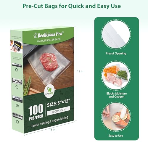 Image of Beelicious Pro Precut Vacuum Sealer Bags for Food Storage 100 Count 8 inch x 12 inch with BPA-Free, Heavy Duty, Commercial Vacuum Seal Bags for Sous Vide & Seal a Meal