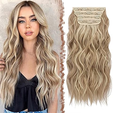FESHFEN Clip in Hair Extensions 4 PCS Long Wavy Thick Highlighted Clip in Hairpieces Synthetic Hair Extension for Women, Dark Ash Blonde Mixed Bleach Blonde 20 Inch Cover