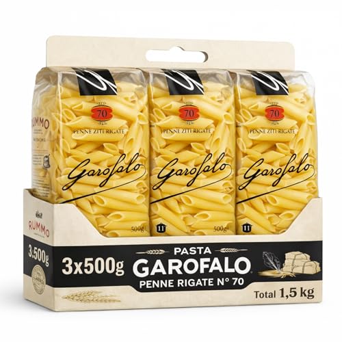 Pasta Garofalo Penne Rigate Nº70 500g, Pasta Italiana, Pasta alimenticia de sémola de trigo duro, Contiene gluten, Puede contener trazas de soja, Tiempo de cocción 11 minutos, 3 Paquetes de 500 gr