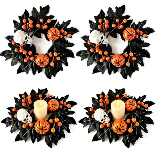 Image of 4 PCS Halloween Candle Rings Wreaths Artificial Skeleton Black Maple Leaves Orange Pumpkin Berries Candle Ring 3.5 Inch Mini Skull Wreath for Pillar Candle Party Home Table Indoor Outdoor Decorations