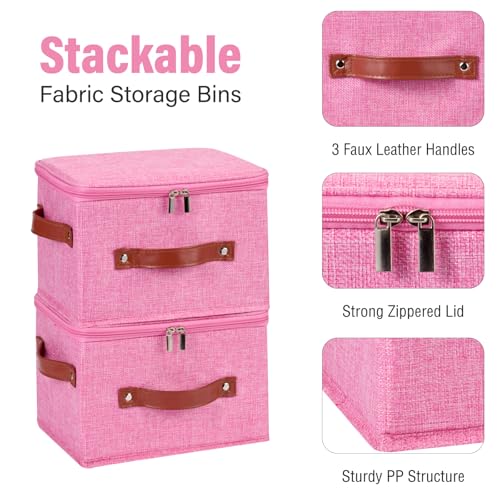 Image of Storage Bin Box with Zippered Lid Cotton Linen Fabric Decorative Basket with PU Leather Handles PP Plastic Board Foldable Lidded Clothing Shelf Closet Organizer Container (Pink, Small)