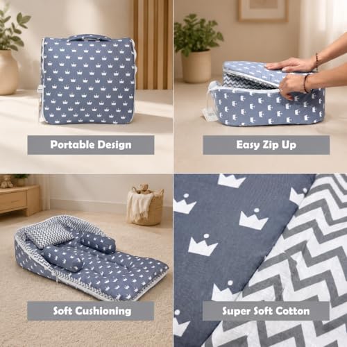 Image of Infantbond by fareto Baby Bedding Set Combo | Flat Bed | Carry Bag | Full All Daily Needs Bedding in Single | Blanket Pack (Pack of 8 Items) (0-6 Months) (Grey Crown)