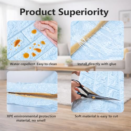 Image of 3D Self Adhesive Foam Brick Wallpaper Peel and Stick Waterproof Wall Panels Soundproof Wall Sticker for Living Room Bedroom Kitchen Home Office Interior Decoration (Pack of 10, Blue)
