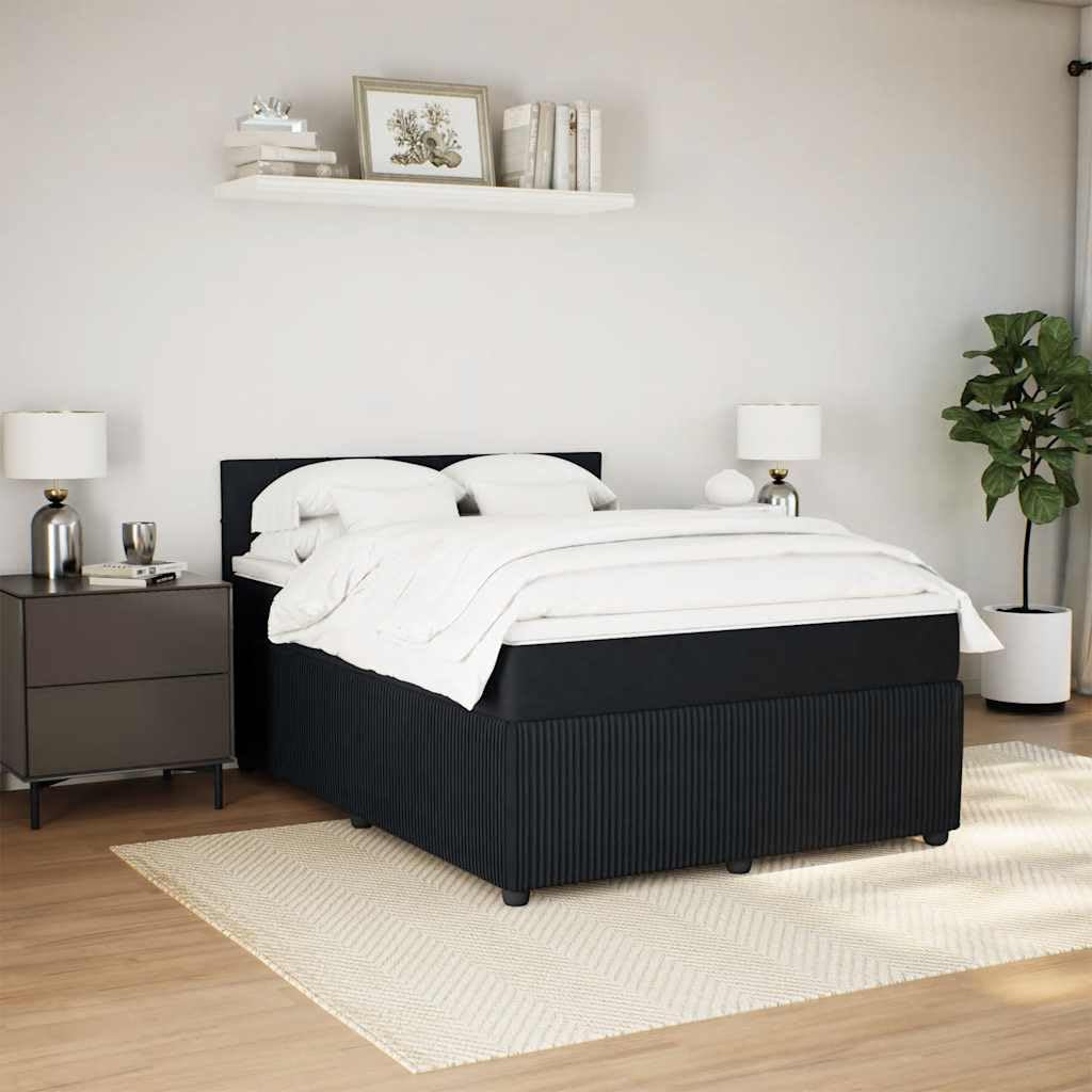 Aksamitne łóżko sprężynowe Upholstered Box z mattressą, czarne, 140 x 200 cm, Medium Firm Pocket Spring Mattress & Washable Topper, solidne nogi z drewna sosnowego dla optymalnego wsparcia