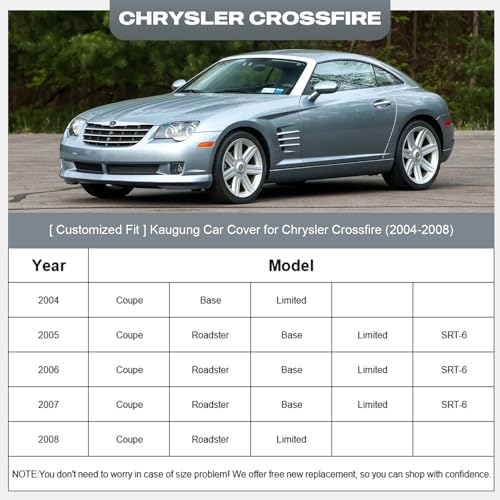 Image of Kaugung Car Cover Custom Fit for Chrysler Crossfire (2003-2007), 6 Layers Waterproof All Weather for Automobiles Full Exterior Cover Rain Sun Snow Protector with Door Zipper. Silver