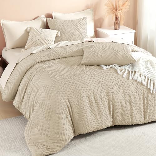 Image of Litanika Khaki King Size Comforter Set, 3 Pieces Tufted Boho Farmhouse Bedding Comforter Sets, Lightweight Fluffy Comforter Bed Set for All Season (104x90In Comforter and 2 Pillowcases)