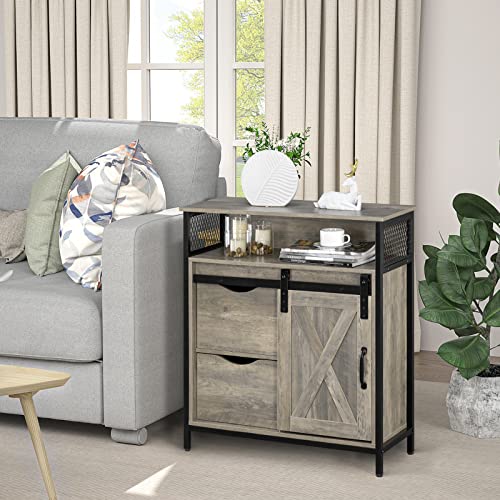 Image of VINGLI Farmhouse Bathroom Floor Storage Cabinet, Rustic Freestanding Cabinet Organizer w /Sliding Barn Door, 2 Large Drawers and Adjustable Shelves (Wash Grey)