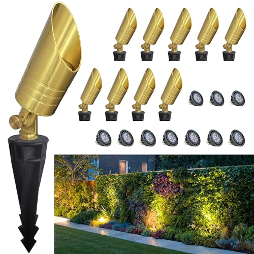 MALORY Brass Outdoor Spot Lights,12V Low Voltage Landscape Lighting,Waterproof Outdoor LED Spotlights with Bulb for Yard,Garden,Lawn,Tree (10-Pack wit
