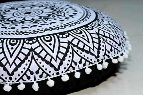 ICC 32 Inch Floor Pillows & Cushions Decorative Hippie Mandala Pouf Pillow Seating Meditation Cushion Bohemian Throw Cover Large Boho Ottoman Case Pillowcase for Couch Round (Black Flower)