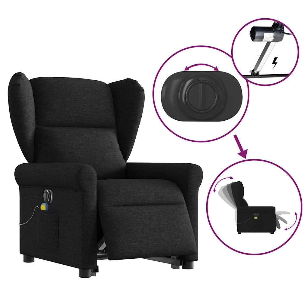 Sillón elevador eléctrico eléctrico negro de tela con 6 puntos de masaje, función de reclinación eléctrica y elevación asistida para un asiento cómodo y relajante,