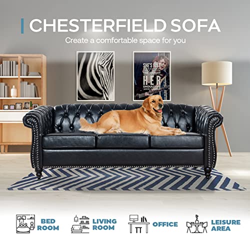 Vaztrlus Chesterfield Sofas For Living Room, Rolled Arm 3-Seater Leather 84" Large Couch Deep Button Nailhead Tufted Black Upholstered Couches For Bedroom, Office Apartment Easy To Assemble #TOP6