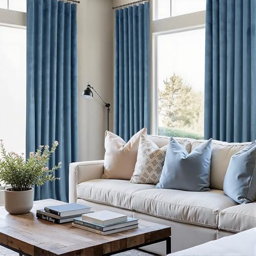 Image of Light Blue Velvet Curtains 108 Inches Long 2 Panels for Living Room Rustic Thick Luxury Insulating Soundproof Darkening Curtain for Bedroom Patio Door 108 in Length Dusty Chambery Slate Blue Grey Gray