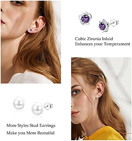 Milacolato 15 Pairs 925 Sterling Silver Stud Earrings Set Cubic Zirconia Earring Pearl Crystal Round Heart Shape CZ Flower Butterfly Stud Earrings Jewelry for Women Girls