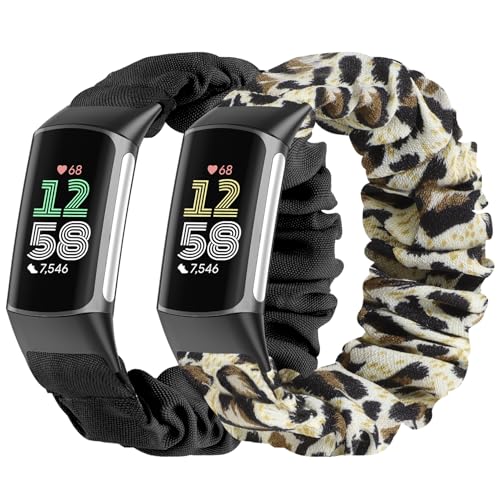 Wizvv 2 Stück Scrunchie Armband kompatibel mit Fitbit Charge 5/Fitbit Charge 6, atmungsaktives Nylon Armband für Damen Herren, L (160mm-200mm), Schwarz, Leopard Wizvv 2 Stück Scrunchie Armband kompatibel mit Fitbit Charge 5/Fitbit Charge 6, atmungsaktives Nylon Armband für Damen Herren, L (160mm-200mm), Schwarz, Leopard