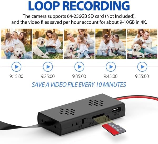 Diagram explaining the loop recording function of the Atom 4K camera, showing how it saves video files in segments and overwrites older footage when the memory card is full.
