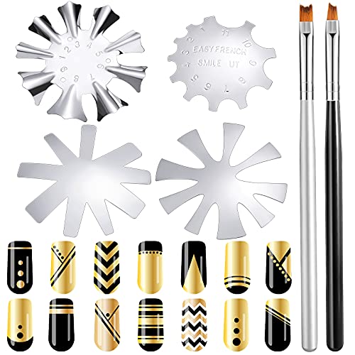6 Pieces Nail Manicure Edge Trimmer DIY Plate Module, Stainless Steel French Smile Line Gel Cutter Tool Nail Acrylic Tool Kit with 2 Pieces Nail French Tip Brushes for DIY Acrylic Nail Art