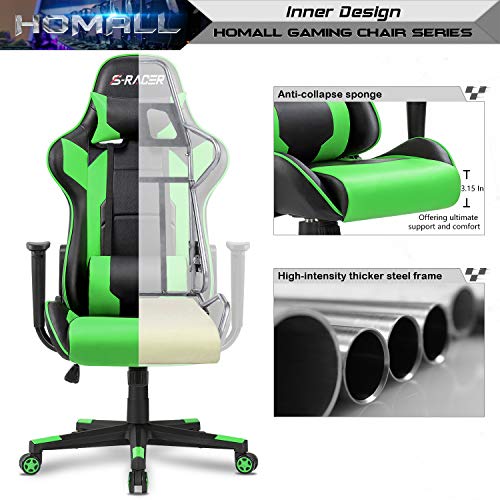 Homall Gaming Chair, Office Chair High Back Computer Chair Leather Desk Chair Racing Executive Ergonomic Adjustable Swivel Task Chair With Headrest And Lumbar Support (Green) #TOP1