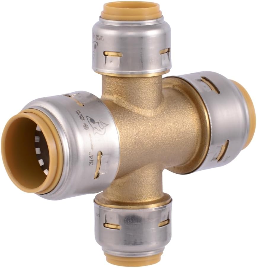 SharkBite Max 3/4 x 3/4 x 1/2 x 1/2 Inch Cross Tee, Push to Connect Brass Plumbing Fitting, PEX Pipe, Copper, CPVC, PE-RT, HDPE, UR380A