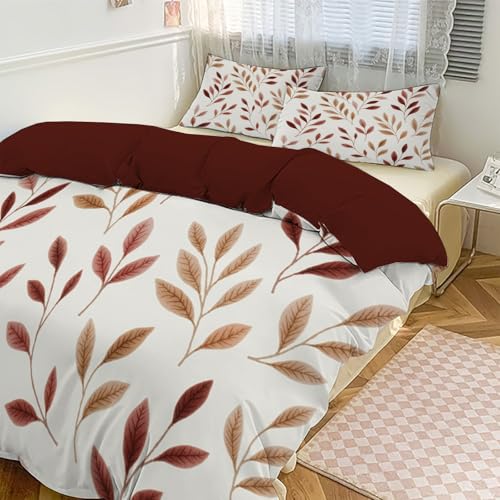 Funda De Edredón 200X200Cm Reversibles Beige Marrón Juego De Cama, Plantas De Otoño Hojas Y Ramas De Estilo Vintage Suave Ligero Transpirable Funda Nórdica Anti Decoloración para Adultos Niños