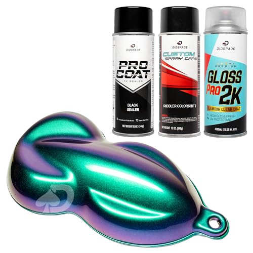 Chameleon Spray Paint Kit | Includes Sealer, Aerosol Color Shift Spray Paint, and Gloss Clear for Cars, Bikes, Wheels. (RIDDLER BLACK KIT - Green, Blue, Purple)