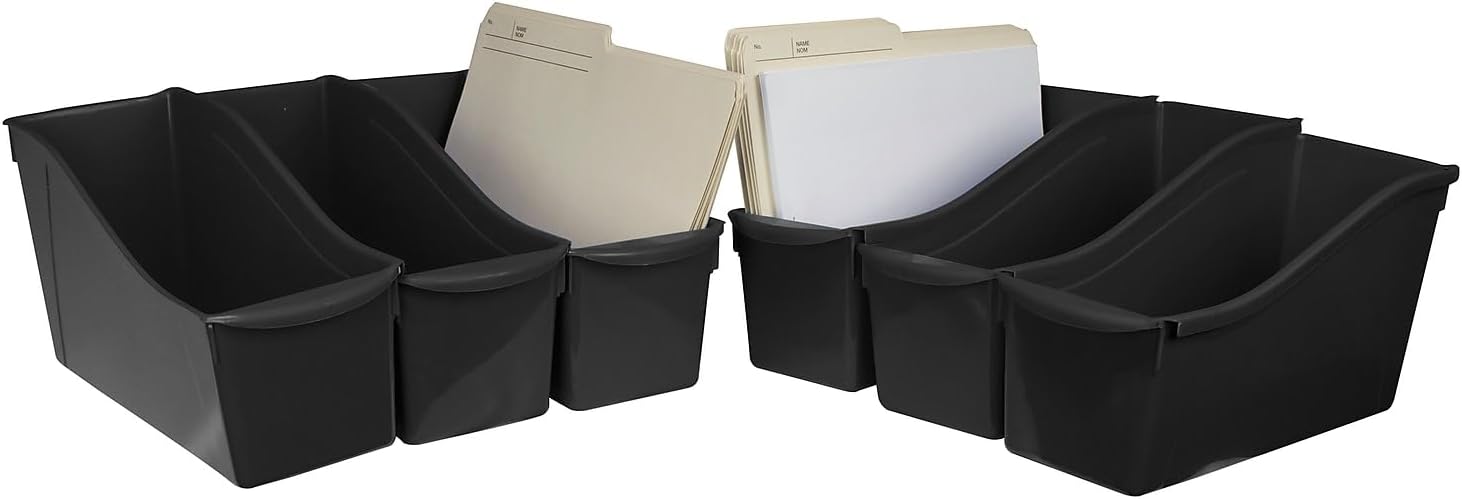 storex industries 14.3" x 5.3" x 7" storex large book bin with front pocket, black 7" x 5.3" x 14.3"