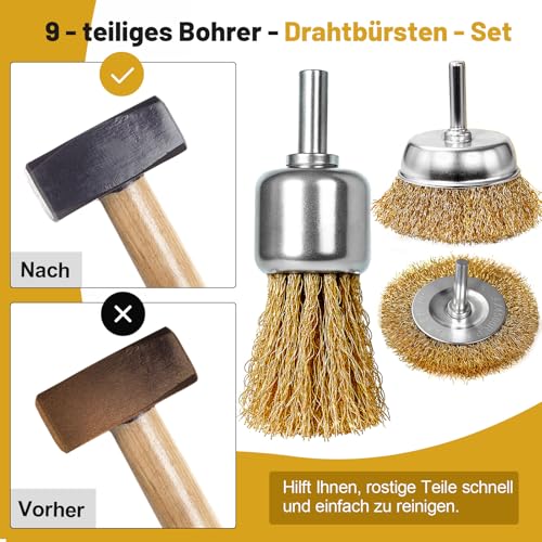 SBGGRL 9 Stück Drahtbürstenaufsatz Akkuschrauber von Rost für Bohrmaschine, 6mm Schaft Drahtradbürsten Stahlbürsten, Grob Gekräuseltes Drahtrad-Set aus Kohlenstoffstahl für Schleifmaschinen