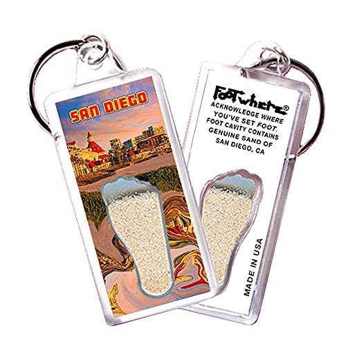 San Diego FootWhere Keychain. Authentic destination souvenir acknowledging where you've set foot. Genuine soil of San Diego inside foot cavity. Made in USA