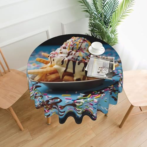 WZYWHJ Mantel redondo largo con imagen de helado y patatas fritas, antidesbordamiento y resistente a las arrugas, mantel de comedor de 60 pulgadas