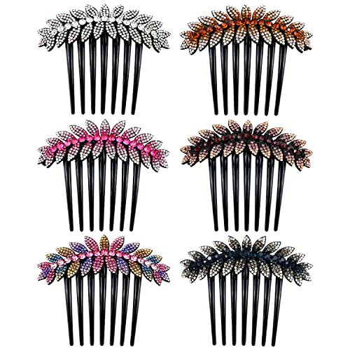 inSowni 6 Pack Luxury Glitter Sparkly Gems Rhinestones Crystals leaf Black Plastic Decorative Hair Side Combs French Twist Slides with Long Teeth Hair Bun Updo Accessories Hairpins Barrettes Clips for
