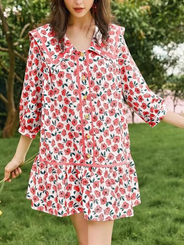 Image of Wenrine Womens Casual Shirt Dresses 3 /4 Long Sleeve Floral Button Down Flowy Babydoll Fall Mini Dress