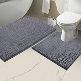 LuxUrux Bathroom Rugs Luxury Chenille 2-Piece Bath Mat Set, Soft Plush Anti-Slip Shower Rug +Toilet Mat.1'' Microfiber Shaggy Carpet, Super Absorbent Machine Washable Bath Mats (Curved Set, Dark Gray)