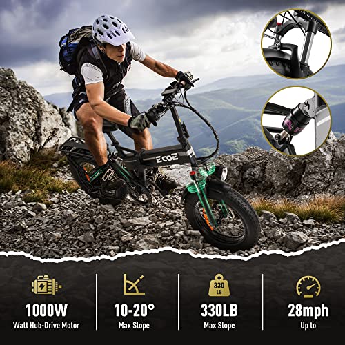 Ecoe Ebikes For Adults, 1000W 28Mph Folding Electric Bike With 48V 14Ah Removable Battery, 20X4 Inches Fat Tire E Bikes Professional Shim7 Speed, Adjustable Shock Absorber For Mountain Beach Snow #TOP1