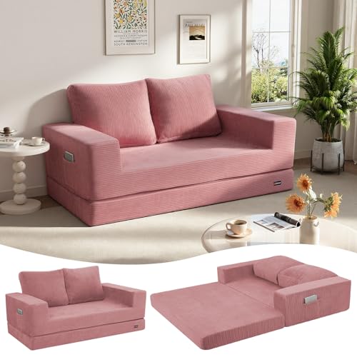 Image of COMAX Futon Sofa Bed, Convertible Sofa Bed, Folding Boneless Couches | Boneless Couch for living room, 4‑in‑1 Fold Out Small Foldable Loveseat Floor Sleeper Mattress Lounge Space‑Saving, Pink