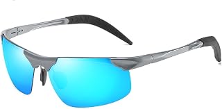 Óculos de sol masculino Bestgift meia armação de metal ciclismo esportes polarizada armação cinza azul, moldura cinza azul