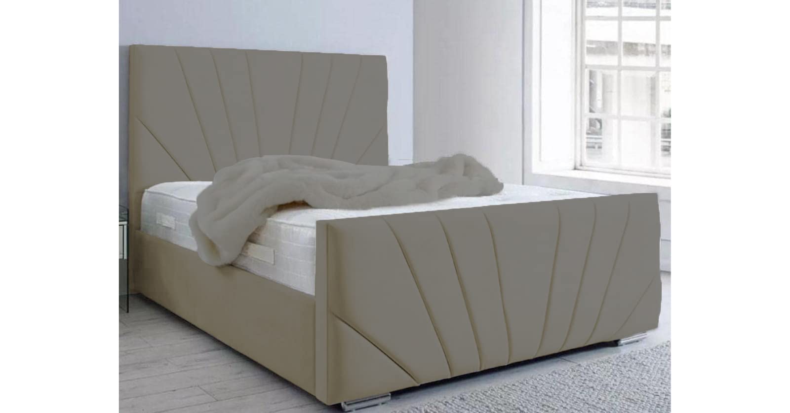 Living Comfort Bedz - Sunrise Bed - Plush Velvet Headboard & Footboard - Gas Lift & Solid Black Board Base Option - Comfortable & Luxury Bed(Cream, 4ft Small Double No Storage With Black Board Base)