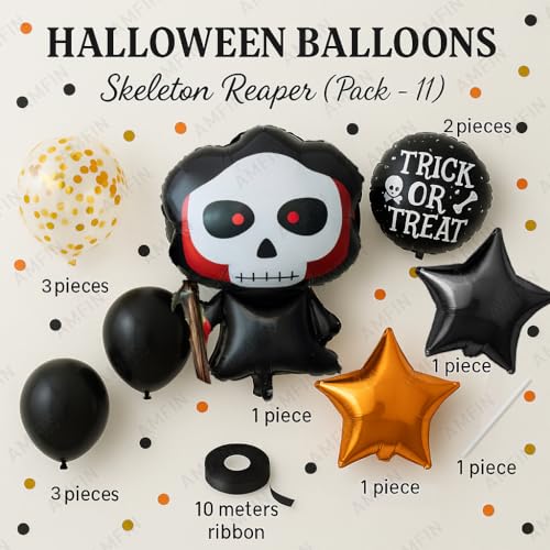 Image of AMFIN (Pack of 11) Halloween Balloon Decoration Set - Skeleton Reaper Foil Balloon with 2 inchTrick or Treat inch Round Balloons & Black /Orange Star Balloons