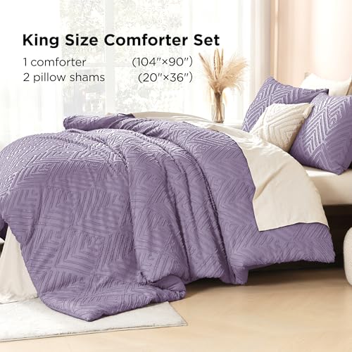 Image of Litanika Grayish Purple King Size Comforter Set, 3 Pieces Tufted Boho Farmhouse Bedding Comforter Sets, Lightweight Fluffy Comforter Bed Set for All Season (104x90In Comforter and 2 Pillowcases)