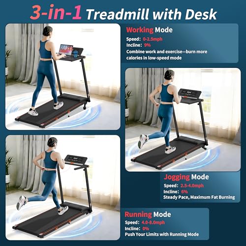 Image of Walking Pad Treadmill with Incline, 3 in 1 Under Desk Portable Folding Treadmill for Home /Office,3.0HP Small Walking Pad with Removable Desk Workstation & Handle 300 Lbs Capacity, 0.6-8.0MPH