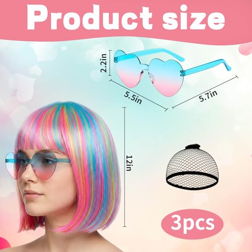 Image of Rainbow Wig, Colorful Wigs Set with Heart Sunglasses Hair Cap, Short Wigs for Women, Bachelorette, Cosplay and Halloween Costume, Fashion Rainbow Wigs for Daily Use and Special Events (Colorful)