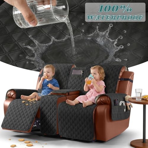 Image of Ruaozz Waterproof Recliner Loveseat Cover with Console, Non-Slip Couch Cover for Double Recliner Split Sofa with Elastic Straps for Kids, Dogs, Pets (Black, 2 Seater)