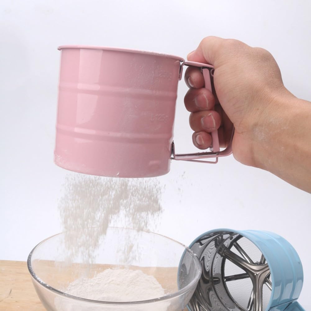 Tamizador de harina de Acero Inoxidable de Gran Capacidad: Tamizador Manual para harina de repostería y azúcar Glas (Rosa)