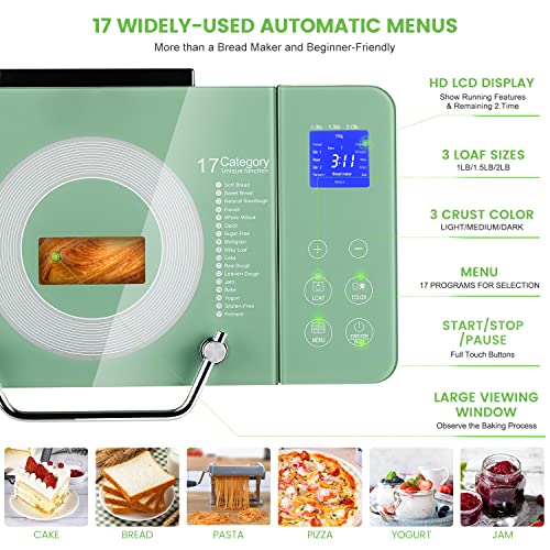 Keepeez 2.2Lb Large Bread Maker Machine-Dual Heaters, 17-In-1 Breadmaker With Gluten-Free, Pizza Dough, Jam, Auto Nut Dispenser,Ceramic Pan&Touch Panel, 3 Loaf Sizes 3 Crust Colors,15H Timer,Recipes #TOP1