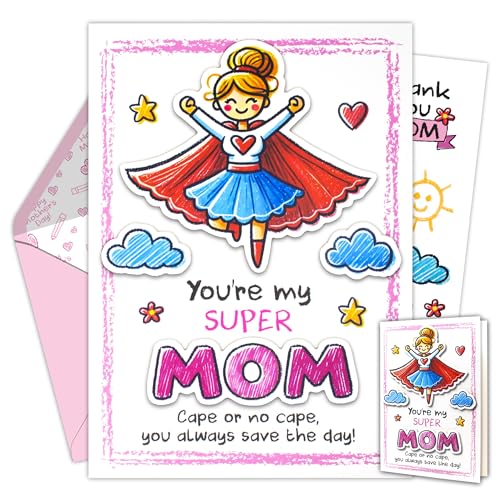 Decorably 5x7in Individual Mothers Day Card from Daughter & Son with Super Mom, Clouds & Mom Cutouts with Envelope and Stickers for Mommy, Printed Message - Appreciation, Birthday, Gifting & Mailing