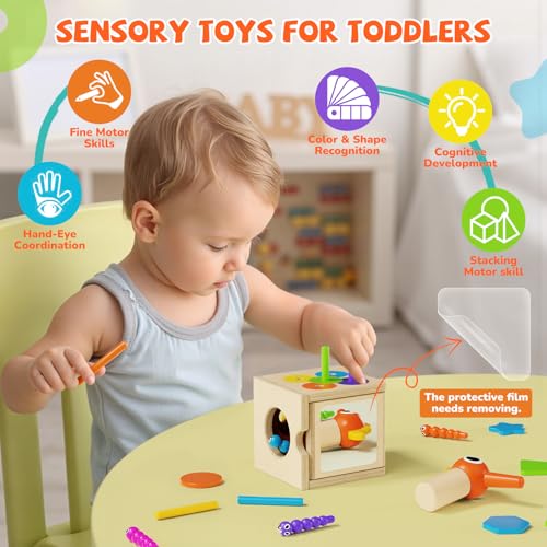 Image of 5-in-1 Wooden Activity Cube, Toddlers Montessori Toys for Baby Boys Girls, Baby Activity Center for 2+ Year Old, Woodpecker Worm Toy Magnetic Bird Feeding Game, Educational Color & Shape Sorting Toy