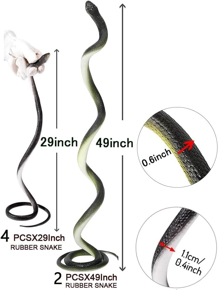 6 Pieces Large Rubber Snakes Realistic Fake Plastic Snake Toys to Keep Birds Away for Garden Props Prank Stuff Halloween Decorations Kids Adults