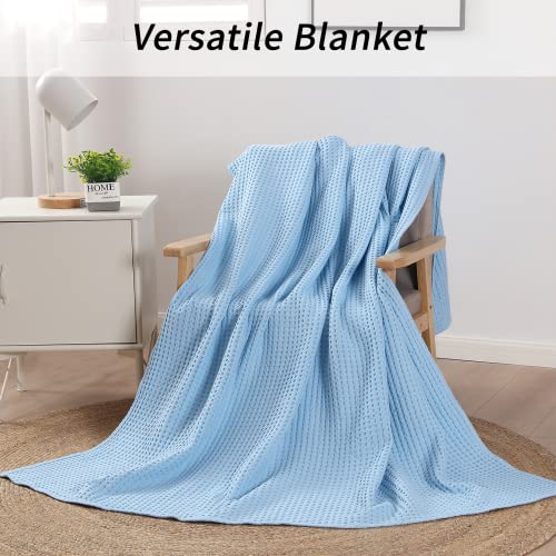 Naturefield Waffle Weave Throw Blanket, 70" X 50" 100% Cotton Lightweight And Breathable Bed Throw, Soft And Comfortable Throw Blanket For Bed Couch Sofa All Season, Vintage Washed, Blue #TOP1