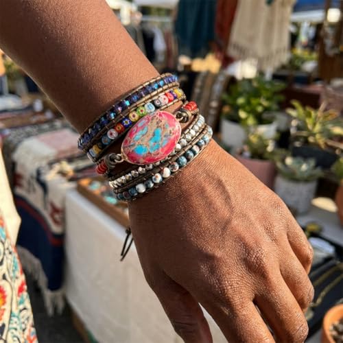 Image of YGLINE Boho Handmade Natural Stone Wrap Bracelets Jasper Crystal Beads Bracelet Jewelry