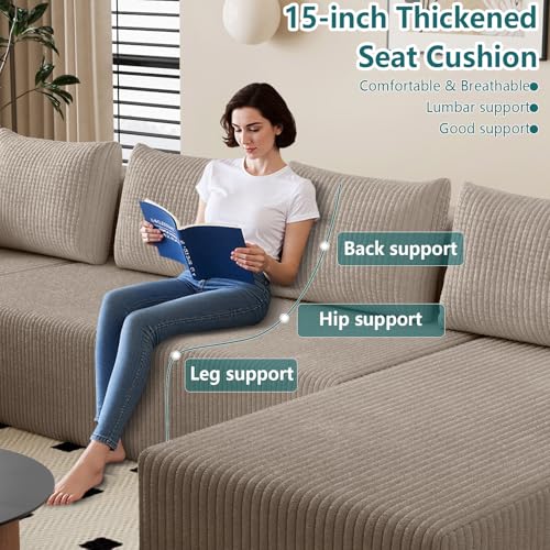 Image of 142 inch U-Shape Cloud Couch, Modern Modular Sectional U-Shape Sofa, Corduroy Boneless Couch Upholstered Couches Deep Seat Sleeper Chaise Longue for Living Room, No Assembly Required,Camel